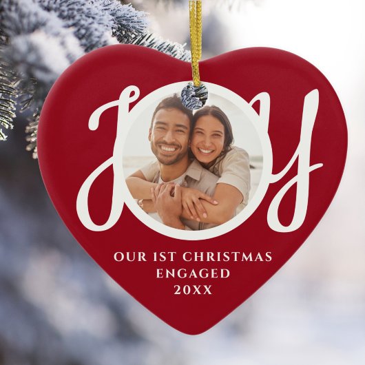 Our First Christmas Engaged Photo Red Heart-Shaped セラミックオーナメント