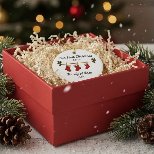 Our First Christmas—Family of Three Stockings 2025 セラミックオーナメント