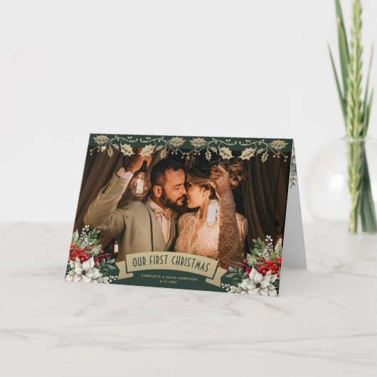 Our First Christmas Green Newlywed Photo シーズンカード (正面)