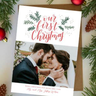 Our First Christmas Hand-lettered Newlywed Photo シーズンカード