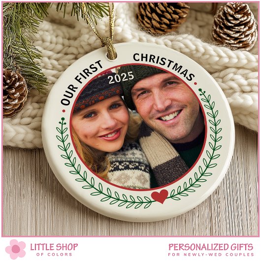 Our First Christmas Married Customizable Photo セラミックオーナメント