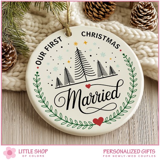 Our First Christmas Married Customizable Photo セラミックオーナメント