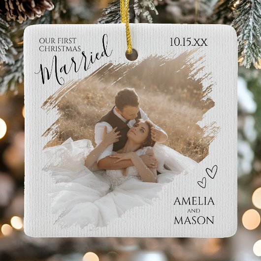 Our First Christmas Married Photo Brush Stroke セラミックオーナメント