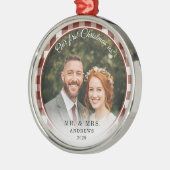 Our First Christmas-Mr. & Mrs. Photo Brown Gingham メタルオーナメント (左)