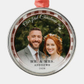 Our First Christmas-Mr. & Mrs. Photo Brown Gingham メタルオーナメント (正面)