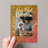 Our first Christmas orange red glitter photo year アクリル招待状 (インサイチュ (ポータブル))