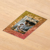 Our first Christmas orange red glitter photo year アクリル招待状 (レイダウン)