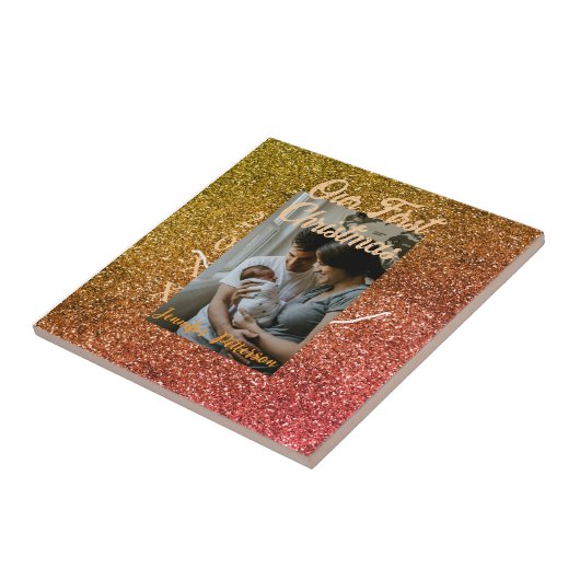 Our first Christmas orange red glitter photo year タイル (側面)