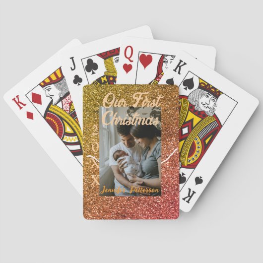 Our first Christmas orange red glitter photo year トランプ (裏面)