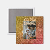 Our first Christmas orange red glitter photo year マグネット (正面/裏面)