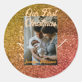 Our first Christmas orange red glitter photo year ラウンドシール