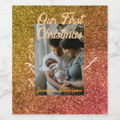 Our first Christmas orange red glitter photo year ワインラベル (シングルラベル)