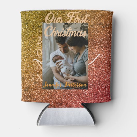 Our first Christmas orange red glitter photo year 缶クーラー (正面)