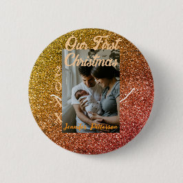 Our first Christmas orange red glitter photo year 缶バッジ