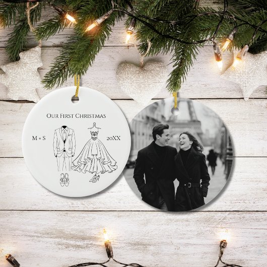 Our First Christmas Photo Wedding Dress Suit Cute セラミックオーナメント
