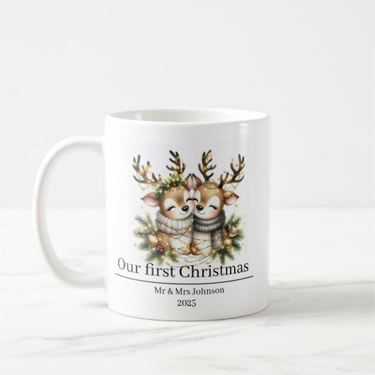 Our first Christmas, reindeer design for newlyweds コーヒーマグカップ (左)