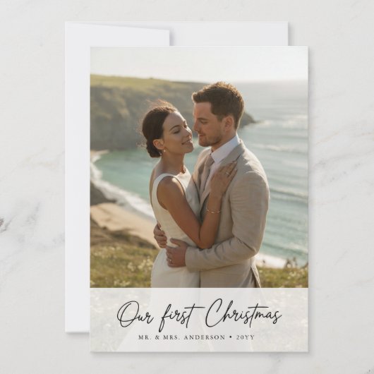 Our First Christmas Script Coastal Photo シーズンカード (正面)