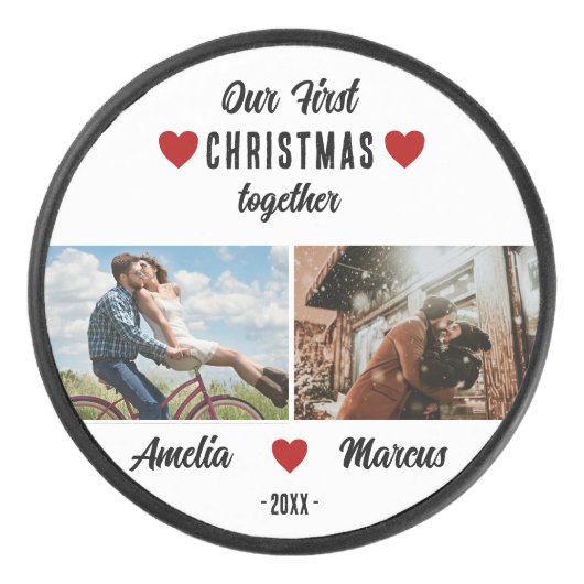 Our First Christmas Together 2 Photos Keepsake アイスホッケーパック (正面)