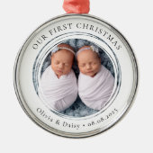 Our First Christmas Twins New Baby Photo Keepsake メタルオーナメント (正面)