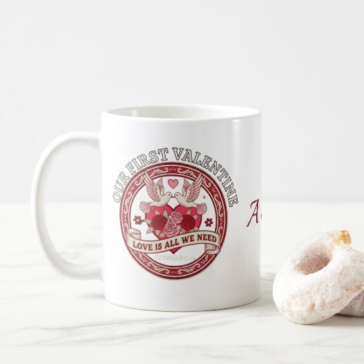 Our First Valentine Love Birds Custom Initial Mug コーヒーマグカップ (ドーナツ)
