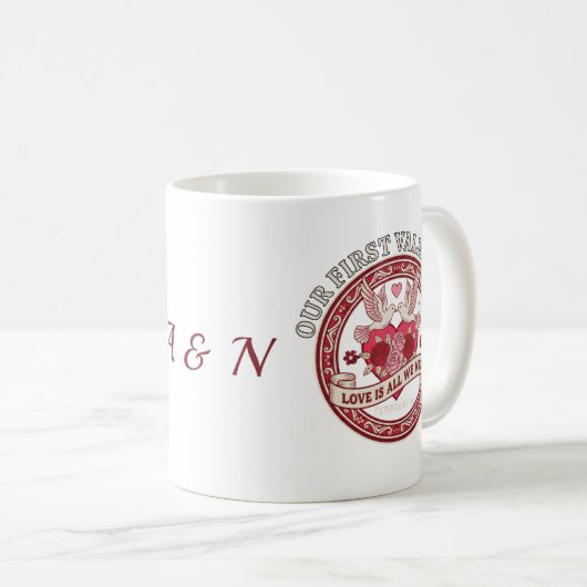 Our First Valentine Love Birds Custom Initial Mug コーヒーマグカップ (正面右)