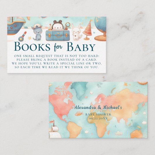 Our Greatest Adventure Map Teal Books Baby Shower エンクロージャーカード (正面/裏面)