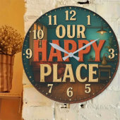 Our happy place cozy home decor family quote ラージ壁時計