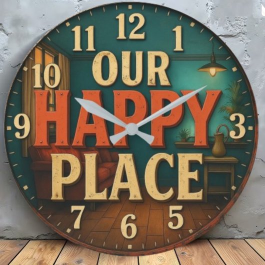 Our happy place cozy home decor family quote ラージ壁時計