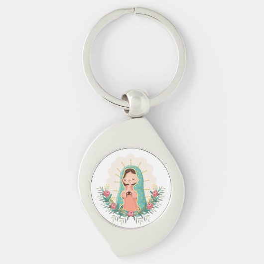 Our Lady of Guadalupe with flowers Kawaii Style キーホルダー (正面)