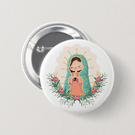 Our Lady of Guadalupe with flowers Kawaii Style 缶バッジ