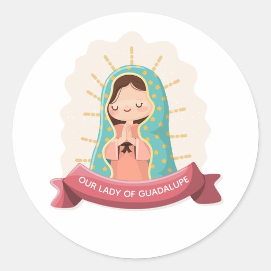 Our Lady of Guadalupe with ribbon Kawaii Style ラウンドシール (正面)
