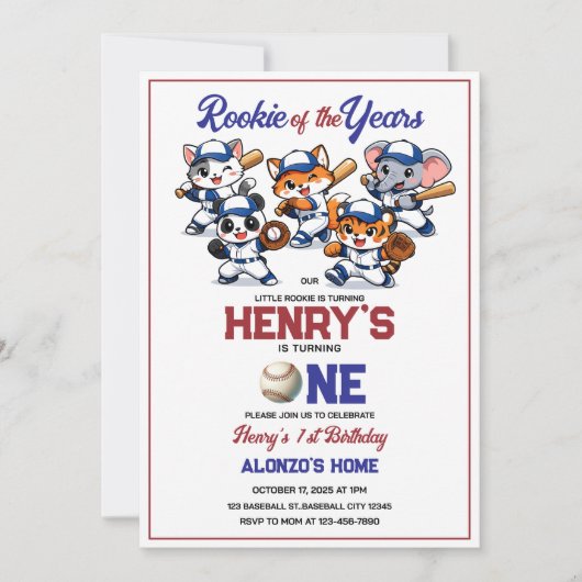 Our Little Animals Baseball 1st Birthday Party 招待状 (正面)