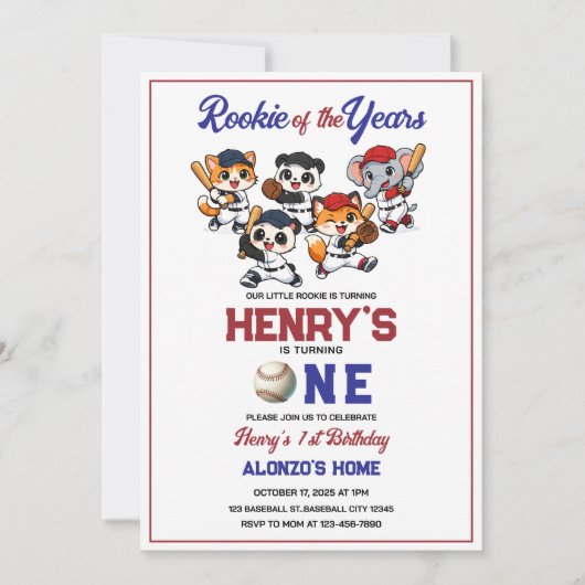 Our Little Animals Baseball 1st Birthday Party 招待状 (正面)