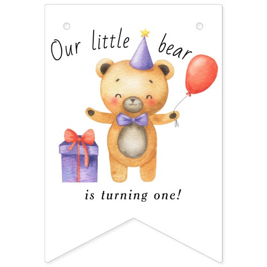 Our Little Bear is turning one Kids Birthday バンティングフラッグ (第1の旗)