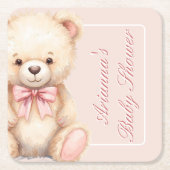 Our Little Bear on the Way Pink Bow Baby Shower スクエアペーパーコースター (正面)