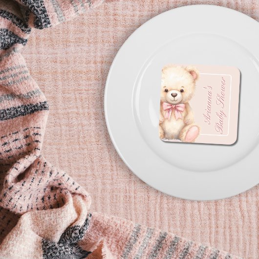 Our Little Bear on the Way Pink Bow Baby Shower スクエアペーパーコースター