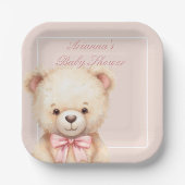 Our Little Bear on the Way Pink Bow Baby Shower ペーパープレート (正面)