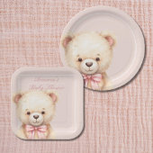 Our Little Bear on the Way Pink Bow Baby Shower ペーパープレート