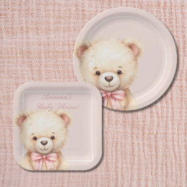 Our Little Bear on the Way Pink Bow Baby Shower ペーパープレート