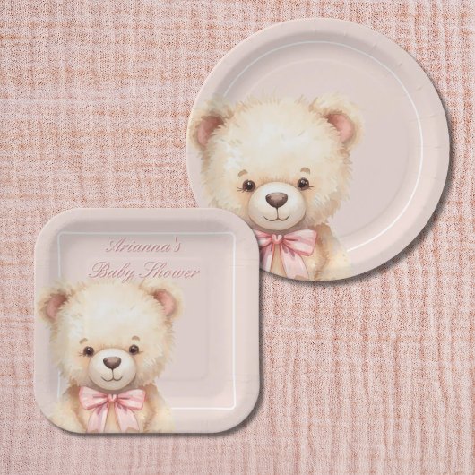 Our Little Bear on the Way Pink Bow Baby Shower ペーパープレート