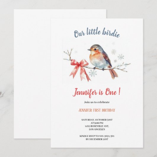 Our little birdie birthday invitation 招待状 (正面/裏面)
