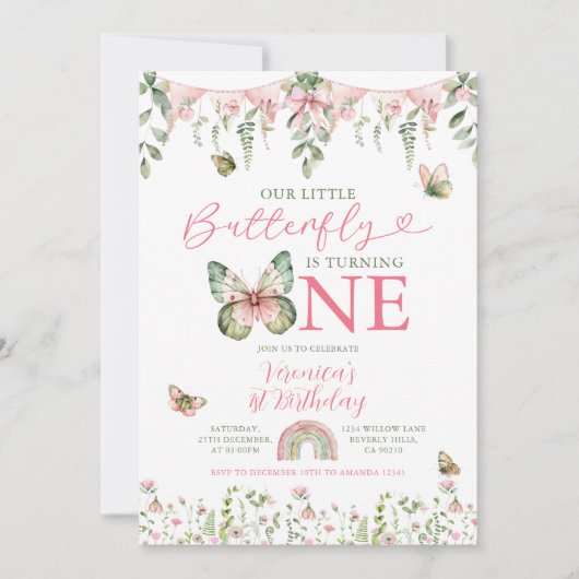 Our Little Butterfly is turning 1 Birthday Floral 招待状 (正面)