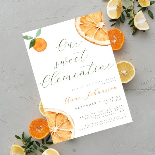 Our Little Clementine Elegant Script Baby Shower 招待状