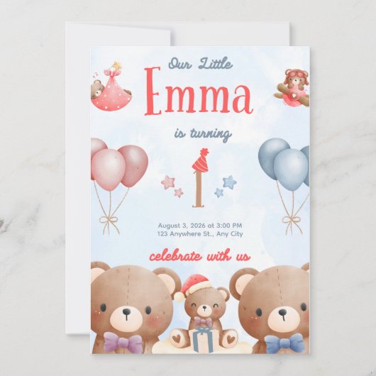 Our Little Emma Birthday Invitation – Pastel Teddy 招待状 (正面)