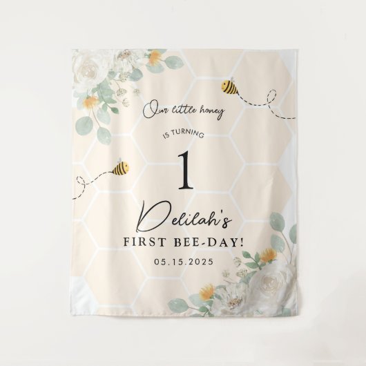 Our Little Honey Bee 1st Birthday Backdrop Banner タペストリー (正面)