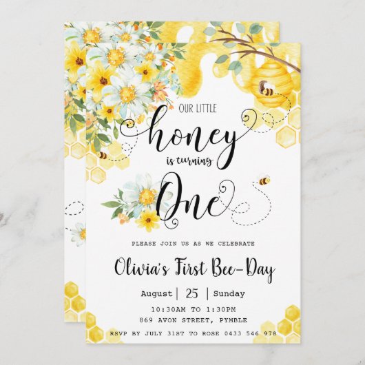 Our Little Honey is ONE Beeフローラ1st Birthday 招待状 (正面/裏面)