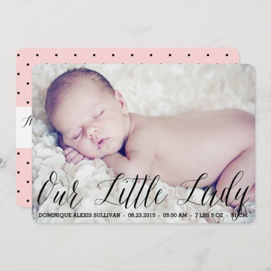 Our Little Lady Script Photo Birth Announcement 案内状 (正面/裏面)