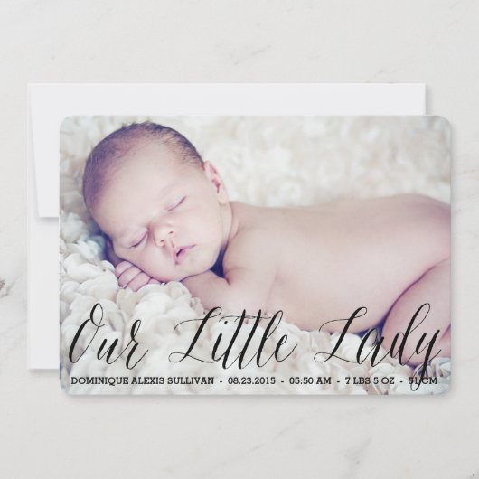 Our Little Lady Script Photo Birth Announcement 案内状 (正面)