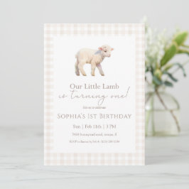 Our Little Lamb Birthday Neutral Gingham 招待状