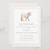 Our Little Lamb Birthday Neutral Gingham 招待状 (正面/裏面)